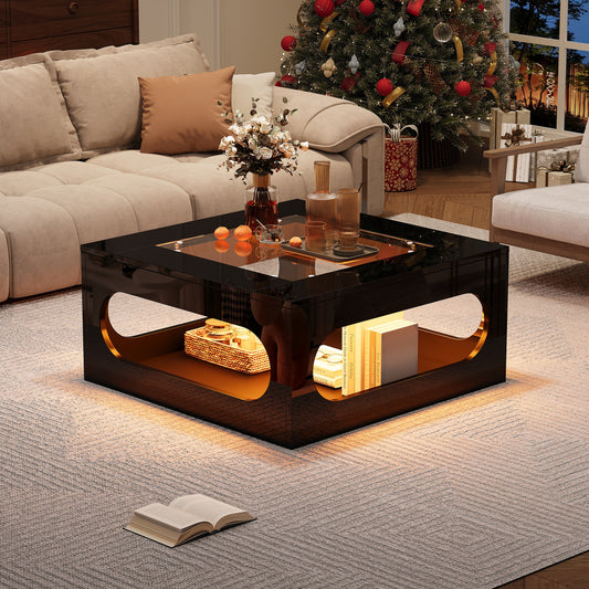 Salontafel – Woonkamertafel – Koffietafel – Bijzettafel – Tafeltje – Vierkant – Zwart – Temperglas Tafelblad – 70x70x35 cm – Open Middenruimte