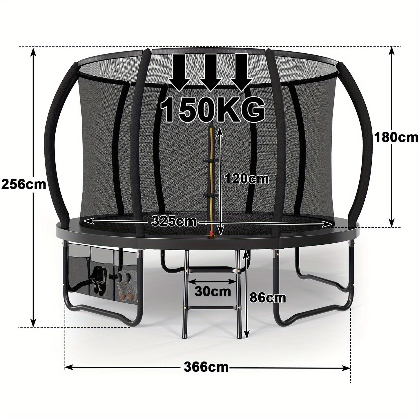 Trampoline Buiten – Springkussen – Speeltoestel – Veiligheidsnet Trampoline – Zwart 366cm – Roestvrij Stalen Frame – Inclusief Ladder en Schoenenzak