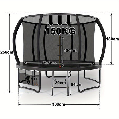 Trampoline Buiten – Springkussen – Speeltoestel – Veiligheidsnet Trampoline – Zwart 366cm – Roestvrij Stalen Frame – Inclusief Ladder en Schoenenzak