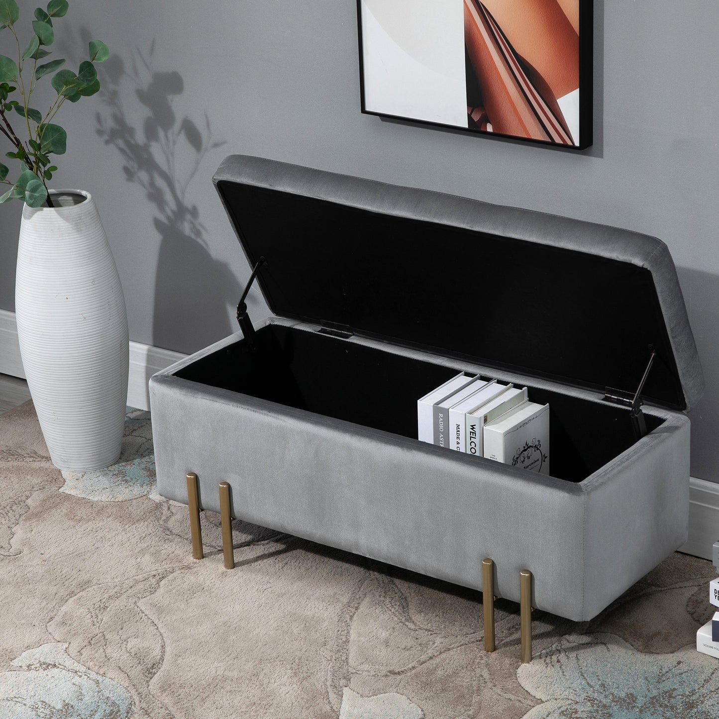 Opbergbank – Zitbank – Halbank – Opbergkist – Opbergbox – Lichtgrijs Fluweel – 100x40x42 cm – Met Ruime Opbergruimte – Gouden Metalen Pootjes