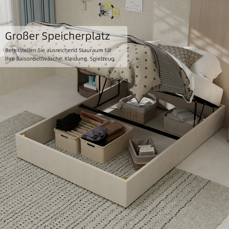 Bedframe – Bedombouw – Slaapbank – Platformbed – Ledikant – Modern Minimalistisch – Beige Velvet Bekleding – Gaslift Opbergruimte