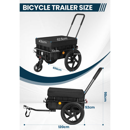 2-in-1 Bike Cargo Trailer, Bicycle Trailer, Hand Cart with Push Bar, Iron Frame with 40cm Air Tires, 40kg Load Capacity, Black, Outdoor Hauling, Cargo Transport, Compact Design, Lightweight Trailer, Reinforced Build, Bike Hau