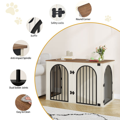 Hondenbench – Hondenkooi – Huisdierbench – Hondenkooi Meubels – Hondenkooi Indoor – 3 Deuren Met Bogen – Zwaar Metalen Frame 108x64x76 cm Wit Bruin