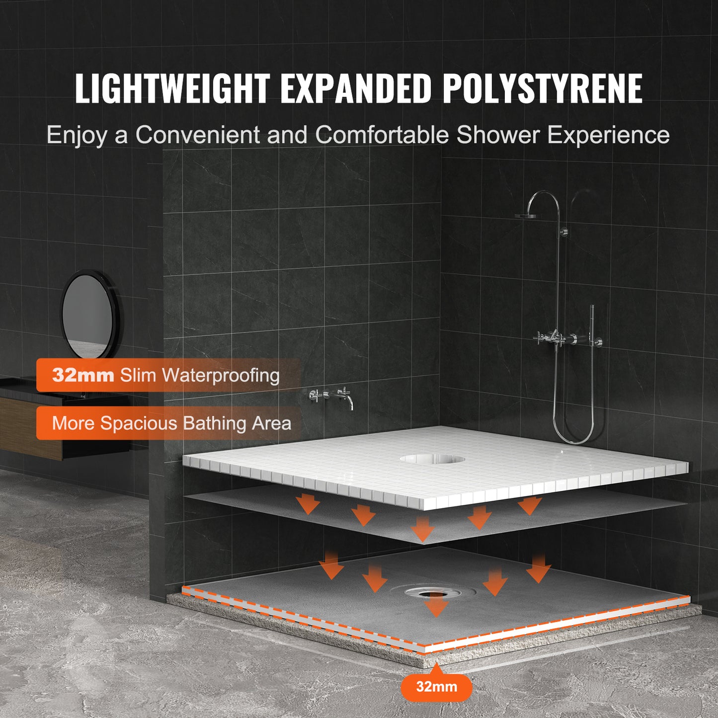 Douchebak – Douchevloer – Doucheplaat – Douchebakken – Douchefundering – Lichtgewicht EPS Materiaal – Waterdicht HDPE Membraan 1828x1828 mm Met Centrale 160 mm Afvoer