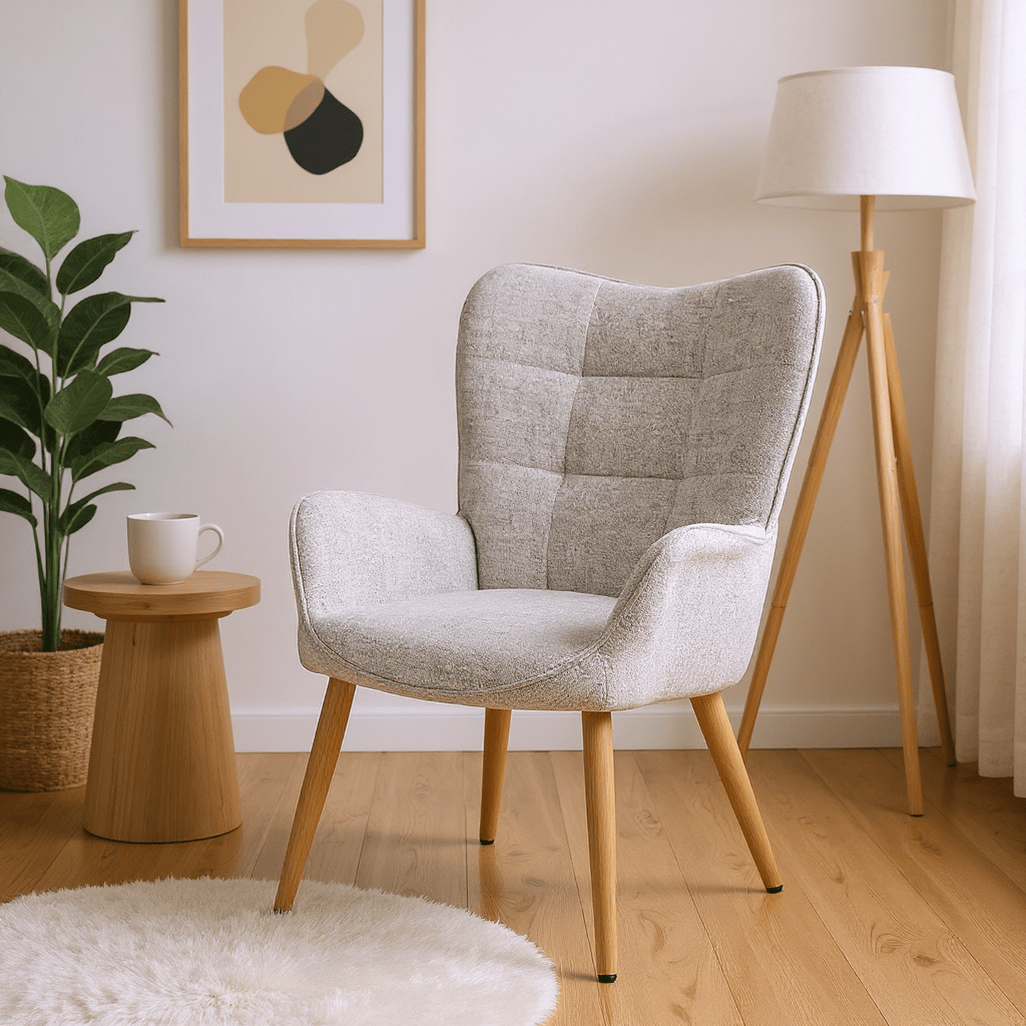 Fauteuil – Zitzetel – Lounge Stoel – Eenpersoonsstoel – Accentstoel – Comfortabele Teddystof Bekleding – Stevige Houten Poten – Grijs – 72x62x90,5 cm