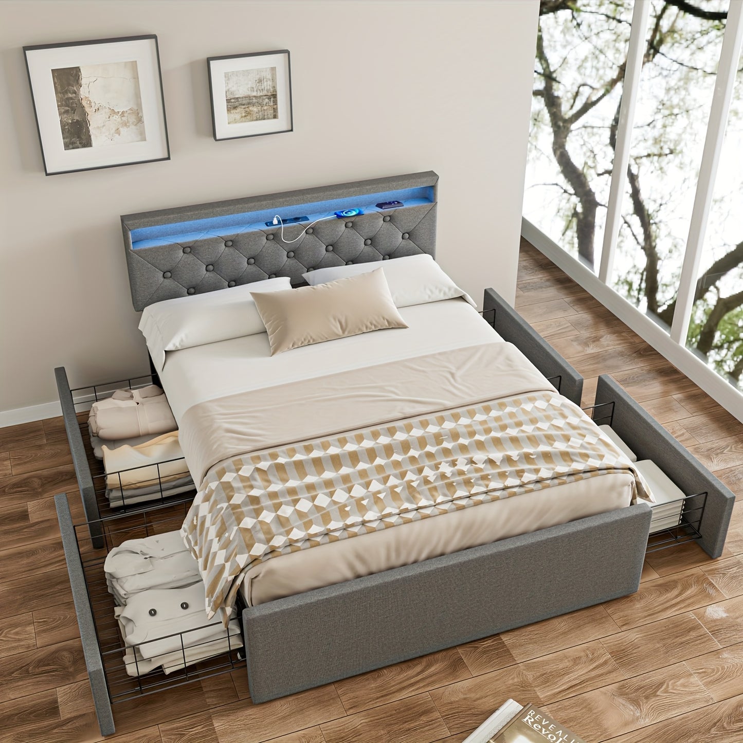 140x200 cm Tweepersoonsbed Frame – Gestoffeerd Platformbed met Opberghoofdeinde & 4 Laden – Linnen Grijs, Metaal-Hout Frame, Modern en Eenvoudig te Monteren