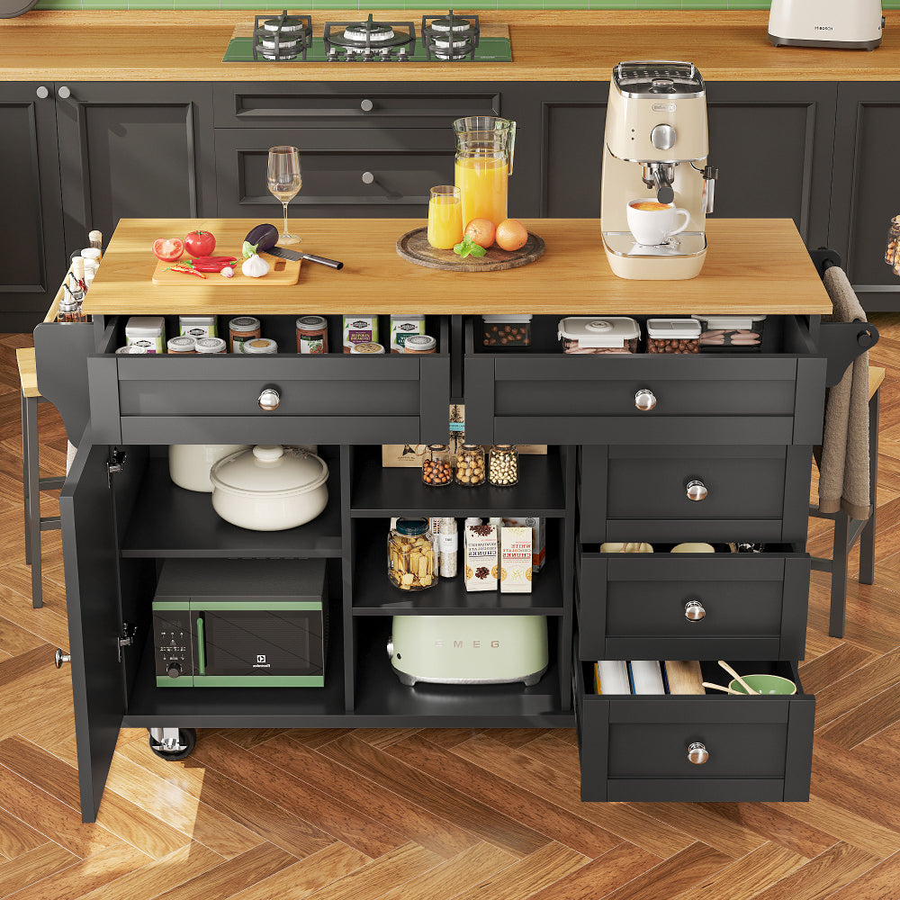 Serveerwagen – Keukentrolley – Opbergtrolley – Rolwagen – Keukenwagen – Mobiel en Vast Zetbaar – 134 x 46 x 92 cm – Strak Zwart Design