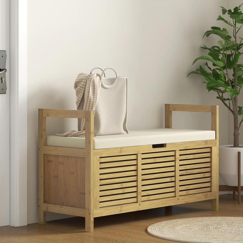Modern Bamboo & Metal Shoe Storage Bench with Soft Cushioned Seat - Freestanding Entryway Organizer with Hidden Storage, Space-Saving Design for Hallway, Living Room, Bedroom - Sturdy Shoe Rack Bench with Soft Padding, 39.4"x
