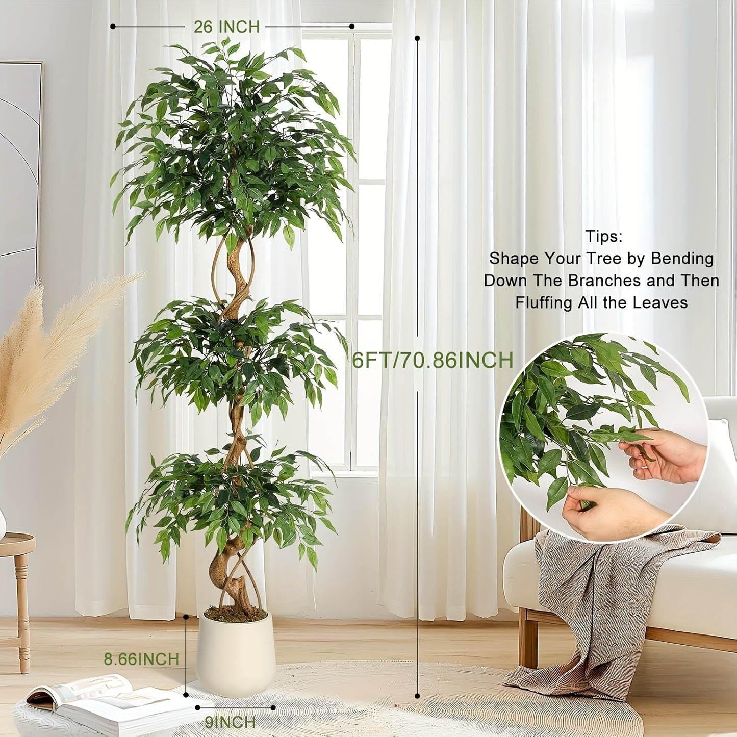 Kunstficus – Kunstplant – Kunstboom – Nepplant – Sierplant – 180 cm Hoog – Witte Carrara Keramische Pot