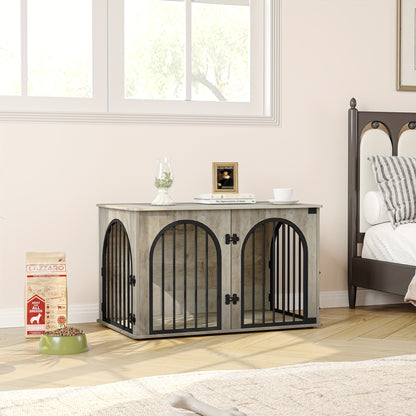Hondenhok – Hondenkennel – Hondenbench – Hondenkooi – Huisdierenbench – Modern Arched Design – 3 Deuren – 60x100x63 cm – Voor Kleine Tot Middelgrote Honden – Gemaakt Van Stevig Metaal En Hout – Multifunctioneel Met Zijtafel – Ivoor Kleur