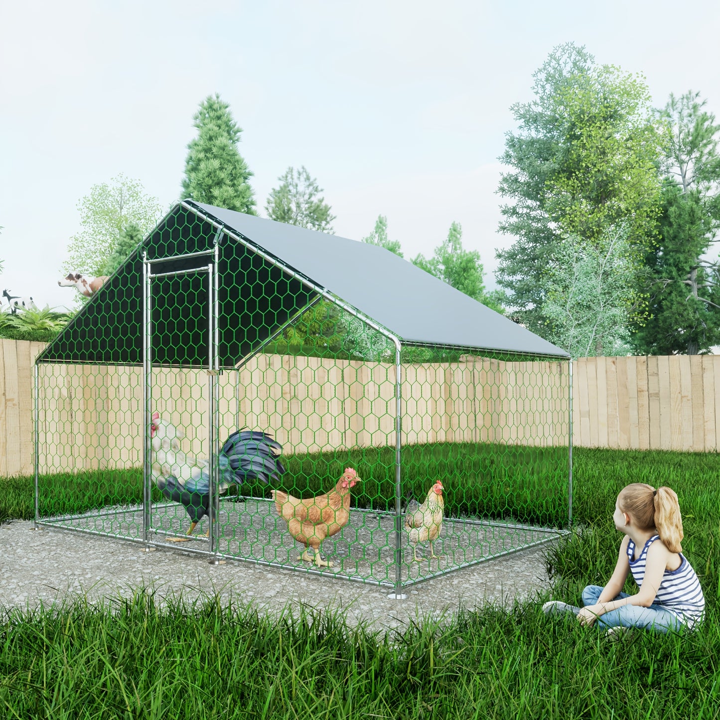 Free Range Chicken House 3x2x2m with Safety Lock And Waterproof PE Cloth, Metal Free Range Fence for Chickens, Rabbits And Other Small Animals
