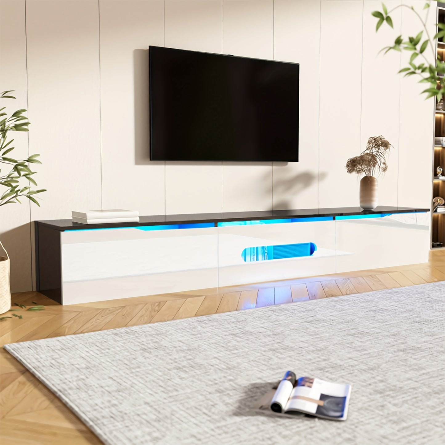 Tv Meubel – TV Kast – TV Meubel Kast – Media Meubel – Hifi Kast – Zwart-Wit Hoogglans – 180 cm Lang – Muurbevestiging