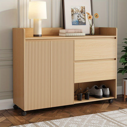 Schoenenkast – Schoenenrek – Schoenenopberger – Schoenkast – Hal Organizer – Mobiel Met Rem – Verstelbare Planken – MDF Hout Metaal – Wit Beige – Soft-Close Deurtje – Ruimtebesparend Design - Houtkleur