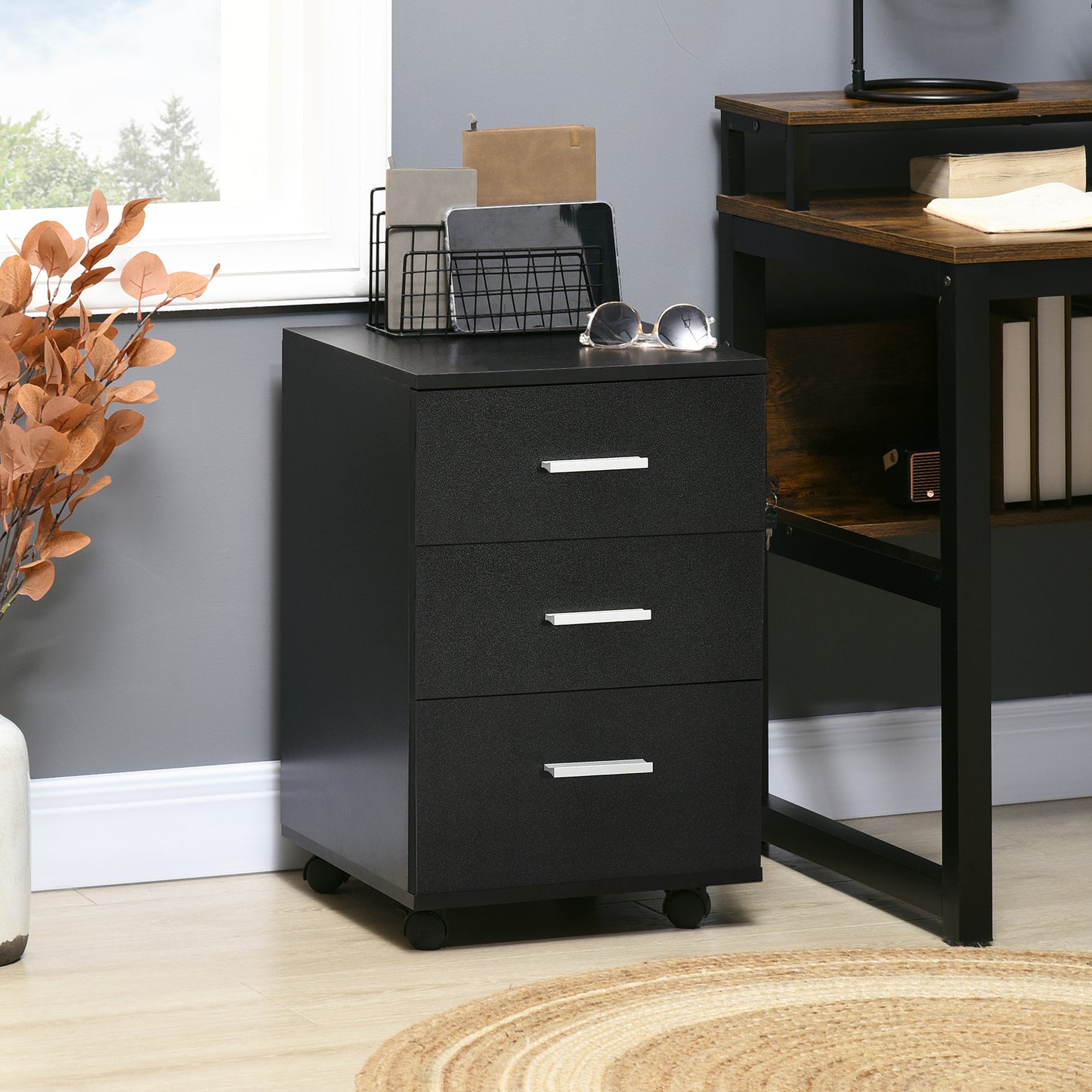 Bureaukast – Ladeblok – Opbergkast – Verrijdbare Kast – Bureau Organizer Zwart – 3 Gelockte Laden – Compact 40x40x61,5 cm