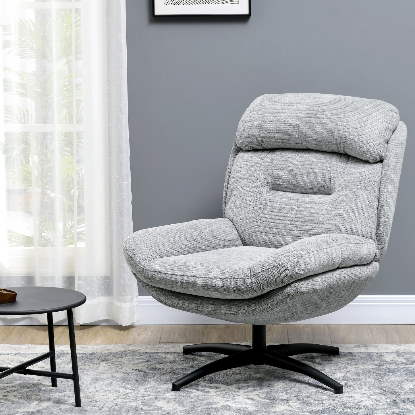 Draaifauteuil – Draaistoel – Relaxstoel – Fauteuil – Stoel – 360 Graden Draaibaar – Chenille Stof Grijs – Met Zwarte Stalen Poten – Geïntegreerde Armleuningen – Ergonomisch Comfort