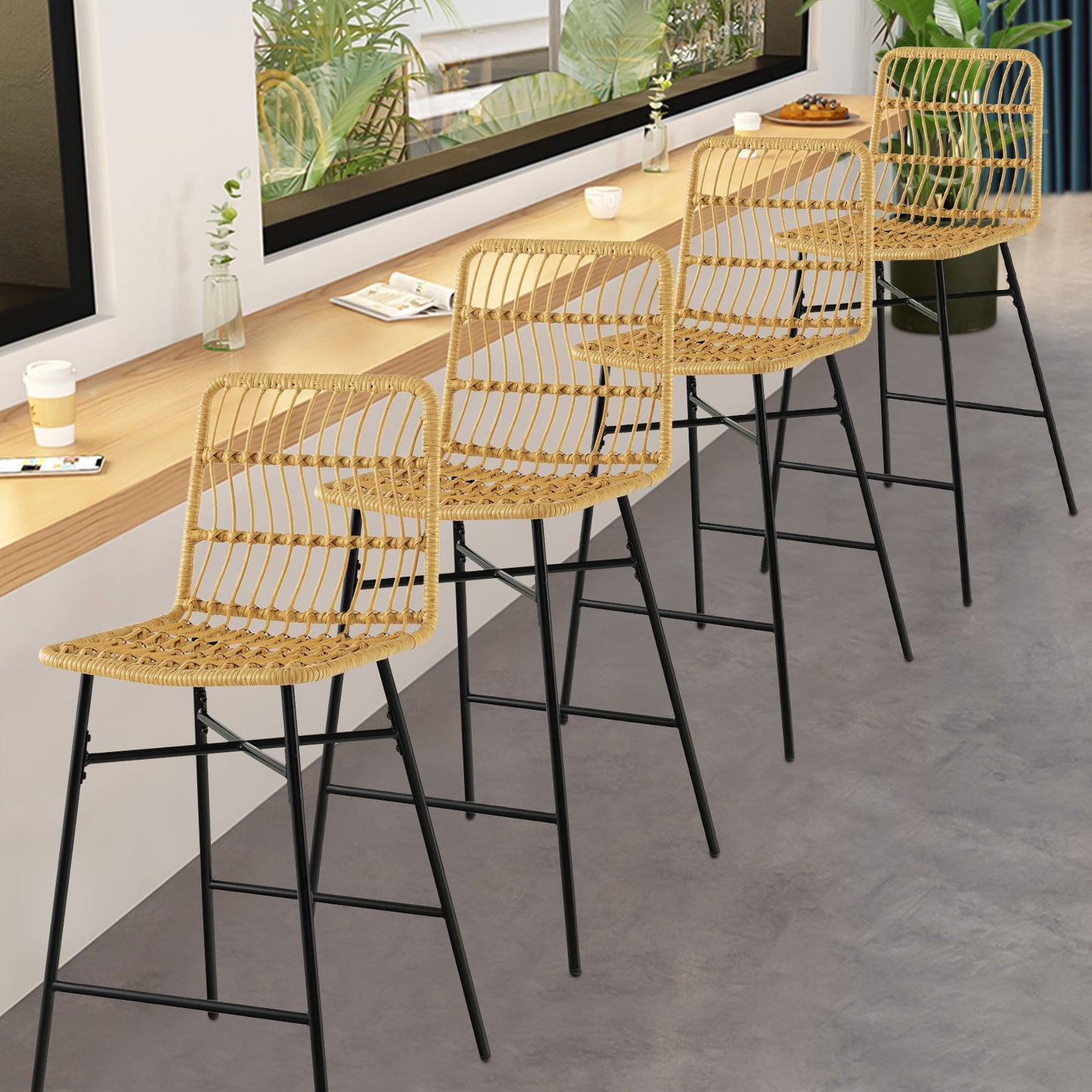 Barkrukken – Barstoelen – Keukenstoelen – Barkrukken – Zithoogte 68 cm – Set van 2 Rattan Barkrukken Met Metalen Poten