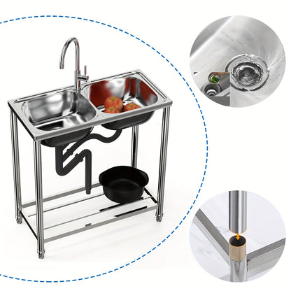 Double sink stainless steel sink with 2 basins, standalone kitchen sink with hot and cold water faucet and drainage kit, suitable for garden and camping