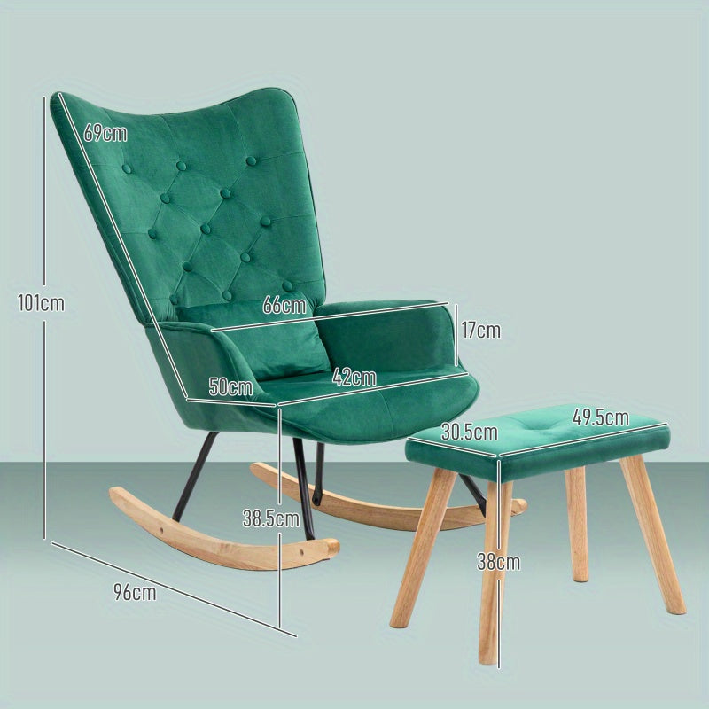 Schommelstoel – Relaxstoel – Schommelstoel Met Voetenbank – Lounge Stoel – Fauteuil – Groen – Fluwelen Bekleding – Houten Poten