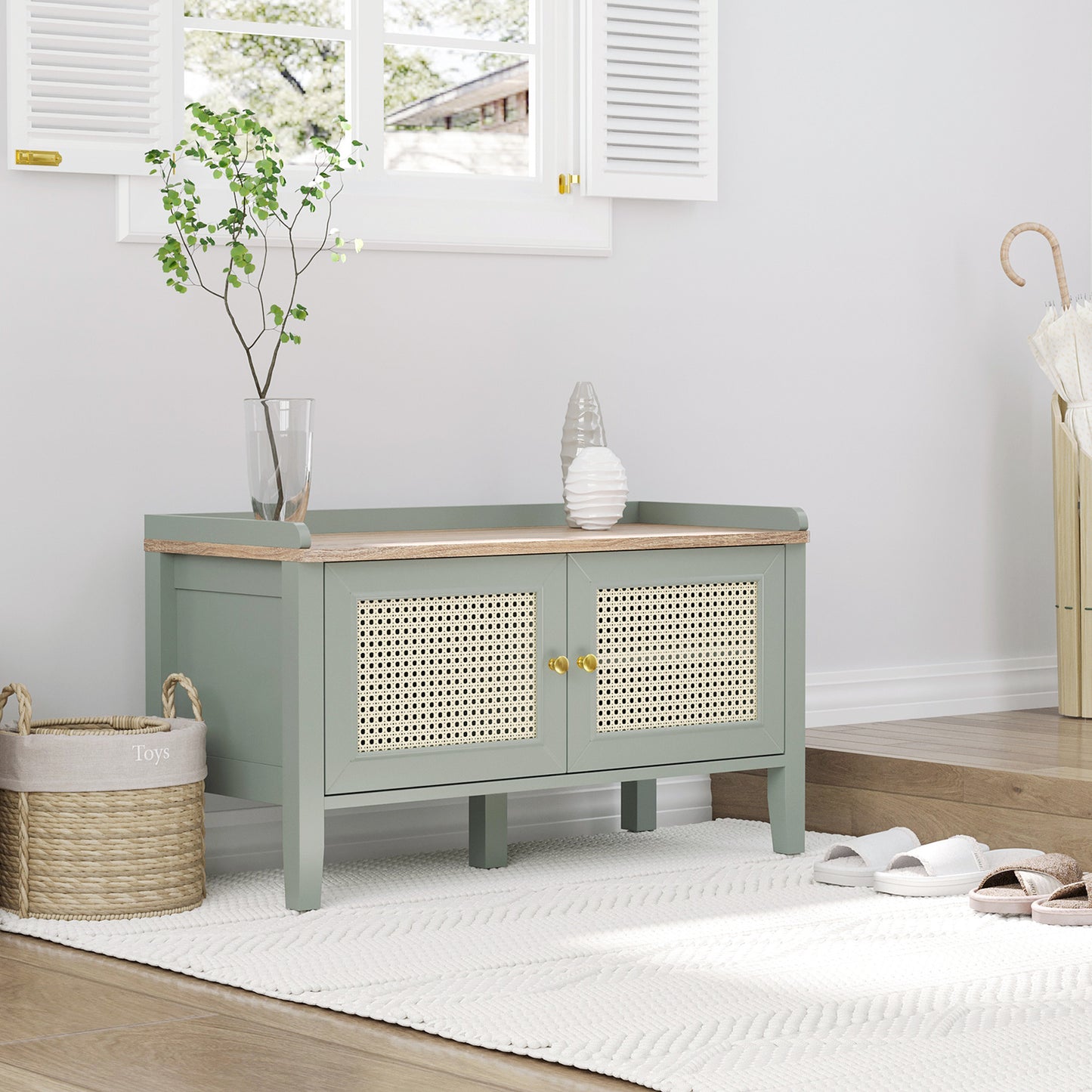Schoenenbank – Schoenenkast – Opbergbank – Schoenenrek – Halmeubel – Groen Rattan Design – Ruime Opbergruimte – Draagkracht 100 kg