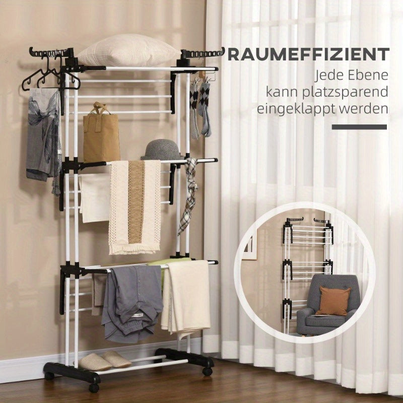Droogrek – Wasrek – Kledingrek – Uitschuifbaar Rek – Droogtoren – Metallisch – 4-laags Met Wieltjes – Compact 73x45,5x177 cm – Geschikt Voor Binnen En Buiten