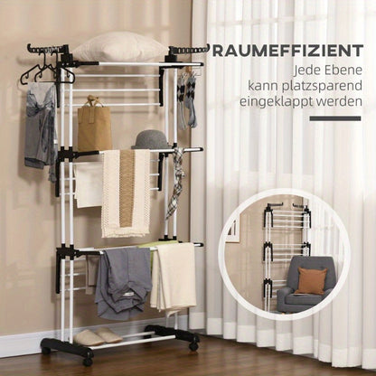 Droogrek – Wasrek – Kledingrek – Uitschuifbaar Rek – Droogtoren – Metallisch – 4-laags Met Wieltjes – Compact 73x45,5x177 cm – Geschikt Voor Binnen En Buiten