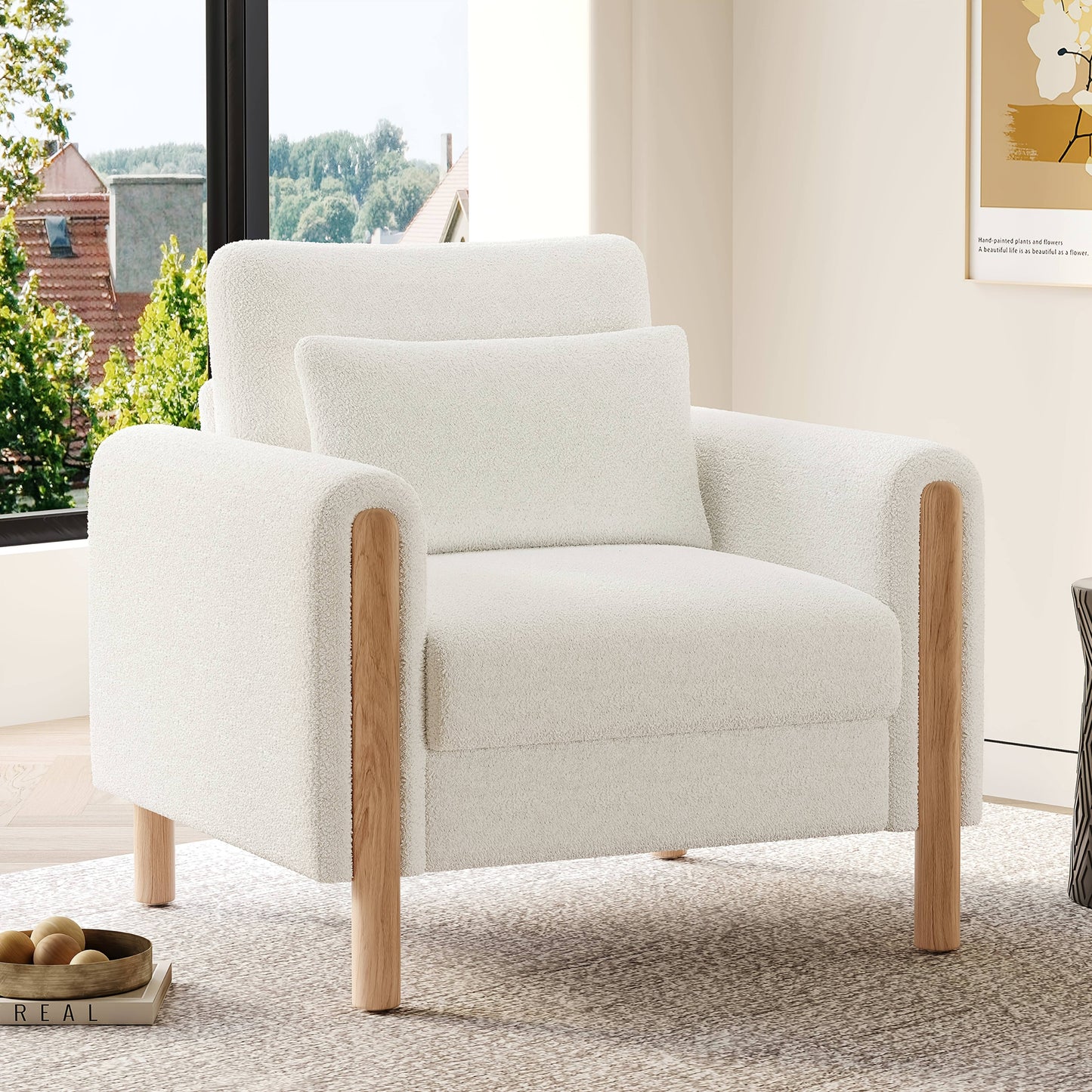 L-Vormige Hoekbank – Zithoekbank – Hoekbank – Sectiebank – Loungesofa – Oversized 4-Zits – Bamboe Zonder Houten Frame – Golvende Wolk Rugleuning – 4 Decoratieve Kussens – Diepe Brede Zitplaatsen – Wit