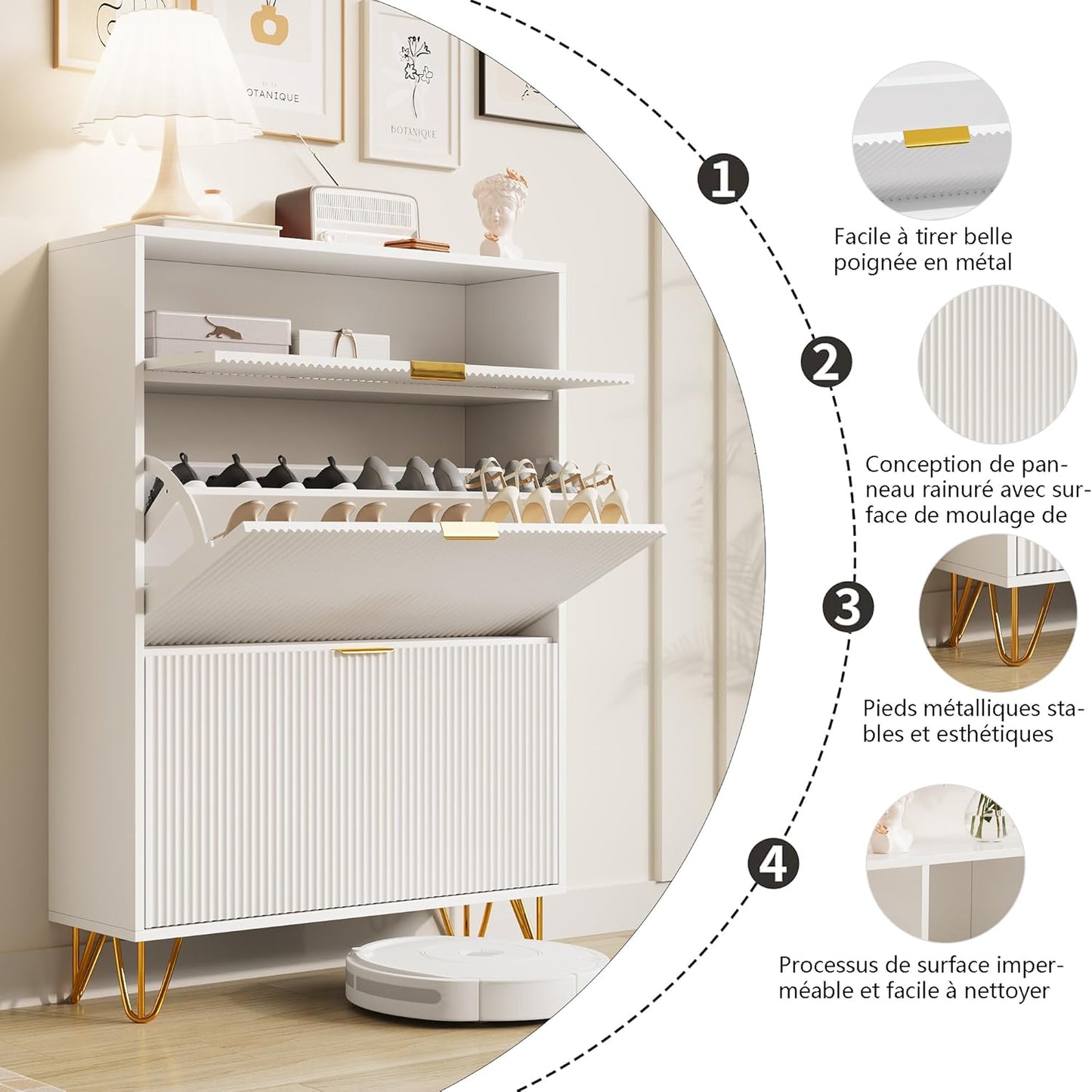 Schoenenkast – Schoenenrek – Schoenenopberger – Halkast – Schoenenmeubel – 3 Lagen Met Inklapbare Laden – MDF Met Metalen Accenten – 80x24x118,5 cm – Wit