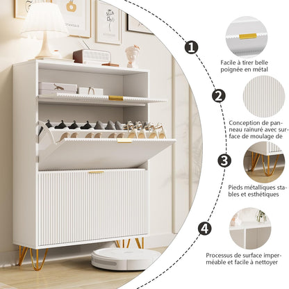 Schoenenkast – Schoenenrek – Schoenenopberger – Halkast – Schoenenmeubel – 3 Lagen Met Inklapbare Laden – MDF Met Metalen Accenten – 80x24x118,5 cm – Wit