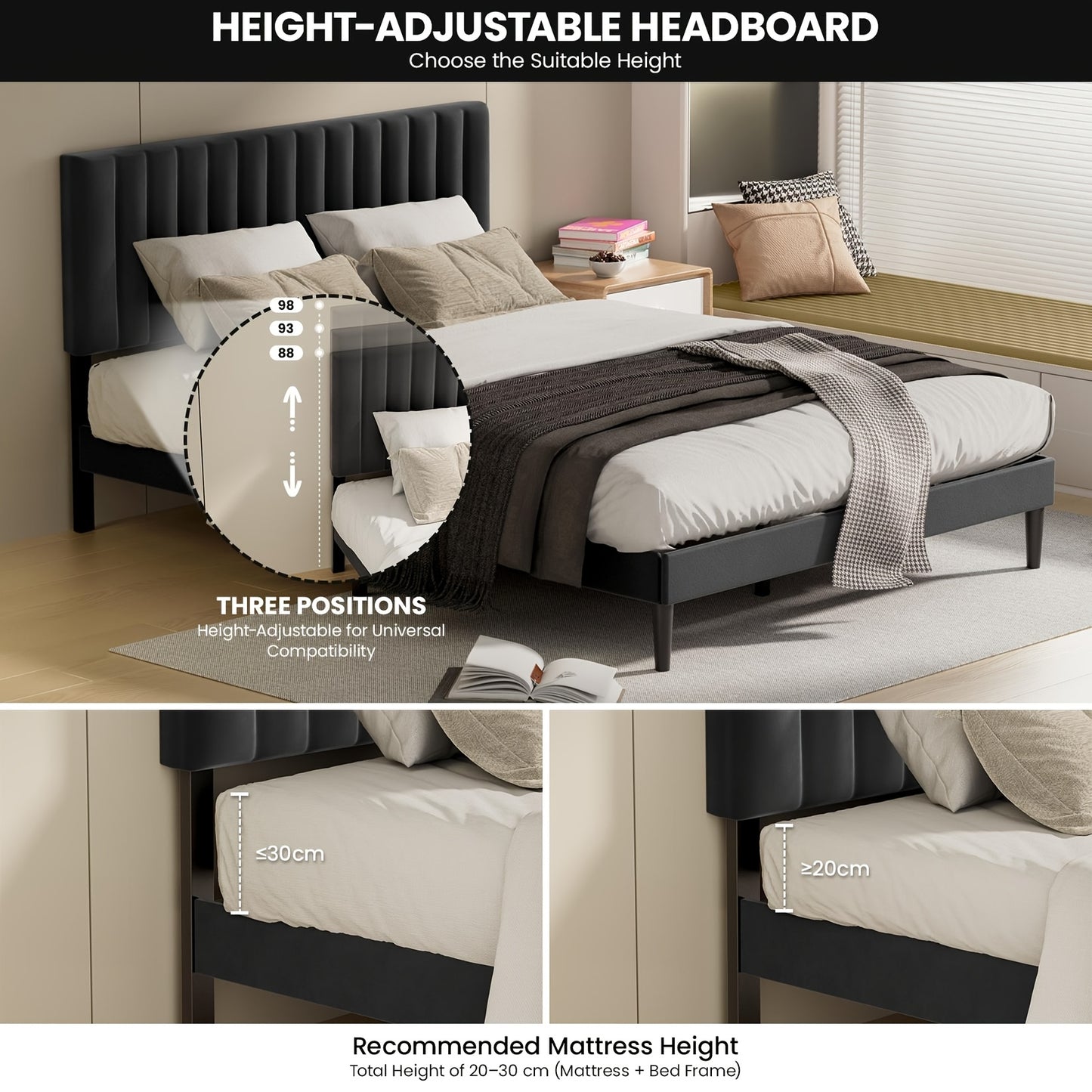 Gestoffeerd Bed – Bedframe – Slaapbed – Eenpersoonsbed – Tweepersoonsbed – 90x200 cm – Verstelbaar Hoofdbord – Draagkracht 480 kg