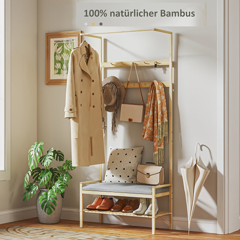Bamboo Coat Rack with Shoe Bench - Freestanding Entryway Storage Cabinet with Shoe Storage, Hanging Rail & Shelves, Cushioned Seat, Space-Saving Vertical Design for Hallway, Living Room, Bedroom - Natural Bamboo Finish, Sturd