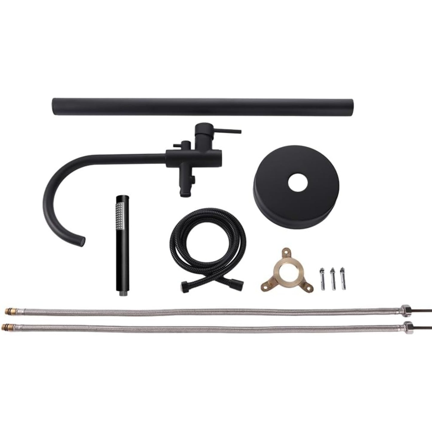Badkraan – Badmengkraan – Badthermostaat – Mengkraan – Handdouche – Vrijstaand – Zwart – Messing – Vloermontage – Hoogte 115 cm – Watervaluitloop 22 cm