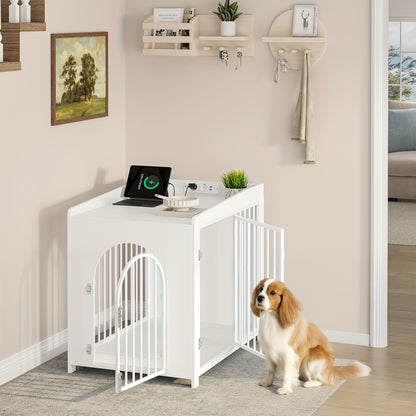 Hondenbench – Hondenkooi – Hondenhok – Bench – Reisbench – Wit – 2 Deuren – Met USB Poorten & Stopcontact – 90x63x79 cm – Voor Middelgrote Honden