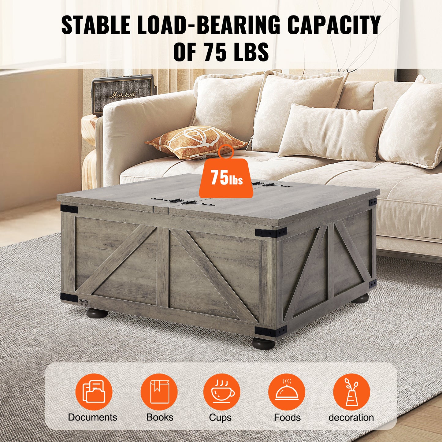 Salontafel – Koffietafel – Woonkamertafel – Bijzettafel – Landelijke Tafel – Flip-Top Design – Grote Verborgen Opbergruimte – Massief Hout – Beige