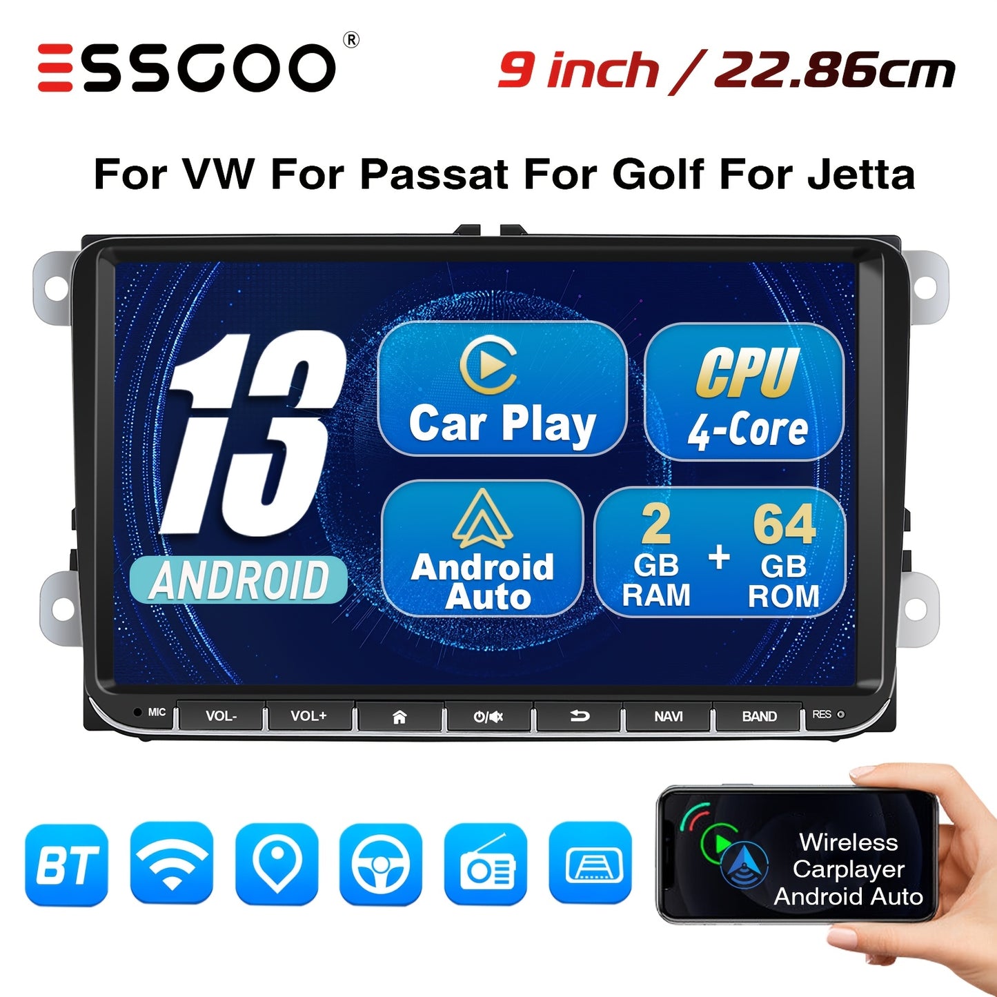 Android Autoradio – Auto Multimedia Systeem – Auto Entertainment – Navigatiesysteem – Infotainmentsysteem – 9 Inch Touchscreen – Draadloze Internetverbinding 2GB RAM 64GB Opslag