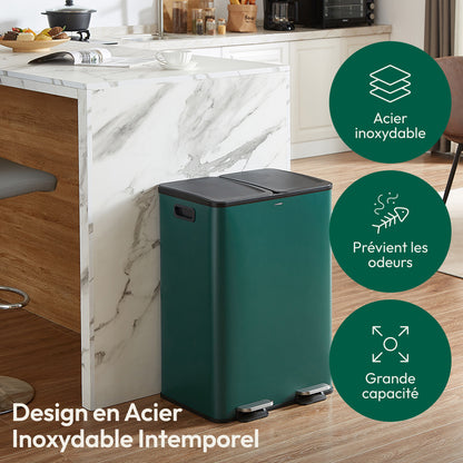 60L Afvalbak Keuken – Vuilnisbak – Prullenbak – Afvalemmer – Afvalcontainer – RVS Geborsteld – Dubbele Compartimenten 2x30L – Anti-Odour Met Pedaal