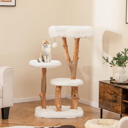 Krabpaal – Kattenboom – Kattenmeubel – Kattenhuis – Kattentoren – Houten Krabpaal – 4 Niveaus Met 2 Ronde Platforms – Stevig Perenhouten Frame