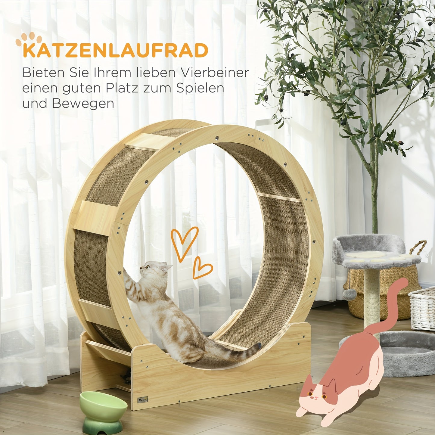 Krabpaal – Kattenboom – Kattenmeubel – Krabton – Kattenhuis – Sisal Touw – Loopwiel Met Rem – 91 cm Hoog – Khaki