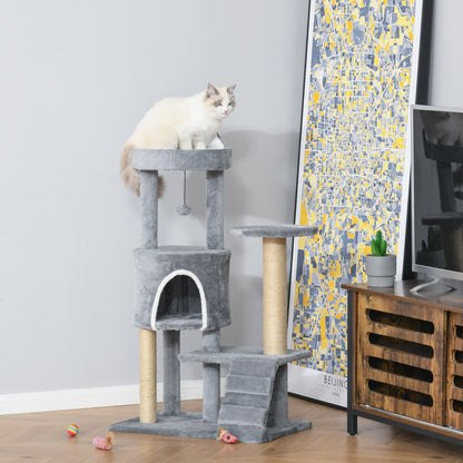 Krabpaal Kattenboom Kattenhuisje Klimpaal Krabmeubel – Met Ladder en Kattenhuisje – Natuurlijk Jute Touw – Lichtgrijs 60x40x100 cm – Stevige Spaanplaat – Comfortabel Pluche