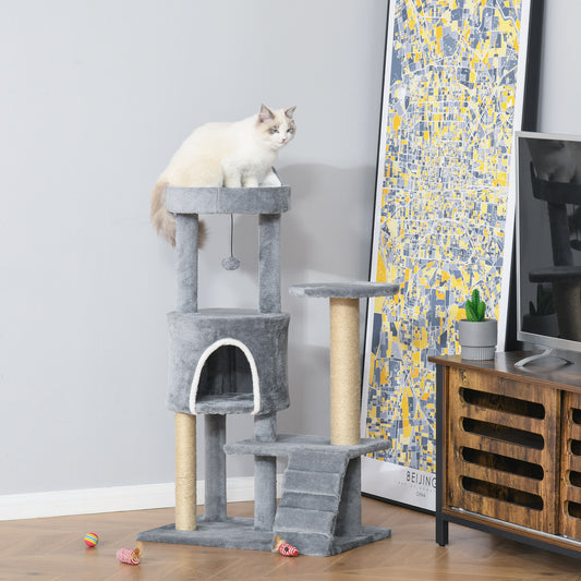 Krabpaal Kattenboom Kattenhuisje Klimpaal Krabmeubel – Met Ladder en Kattenhuisje – Natuurlijk Jute Touw – Lichtgrijs 60x40x100 cm – Stevige Spaanplaat – Comfortabel Pluche
