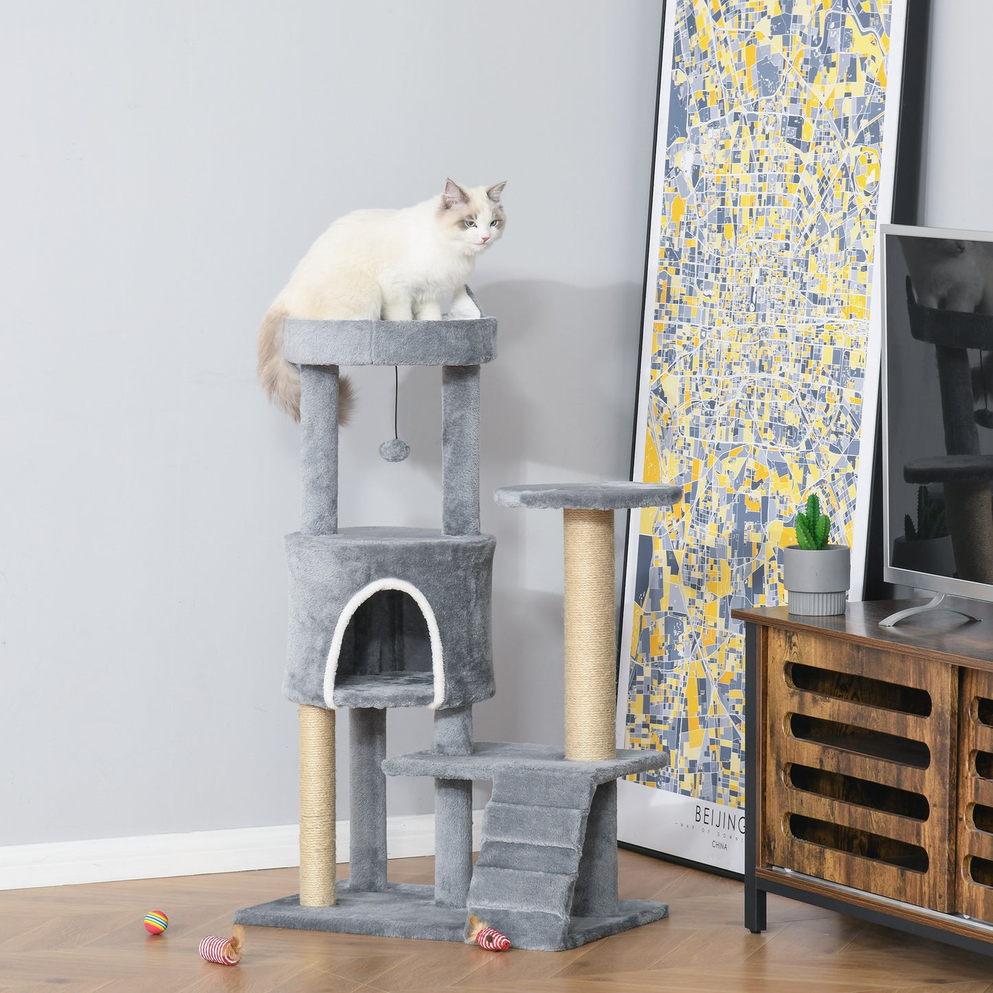 Krabpaal – Krabboom – Kattenmeubel – Klimpaal – Kattenpaal – Lichtgrijs – 100 cm Hoog – Jute Bekleed & Kattenhol Met Ladder