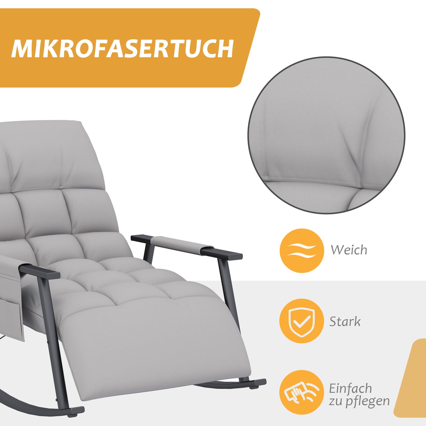 Schommelstoel – Relaxstoel – Schommelstoel Met Voetensteun – Verstelbare Stoel – Lounge Stoel – Grijze Microfiber Bekleding – Metalen Frame – Verstelbare Rugleuning – Zijvak