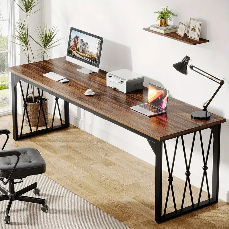 Extra Lang Bureau – Schrijftafel – Werktafel – Vergadertafel – Eettafel – Zwart Metalen Poten – Bruin Blad – Stevig Ontwerp – Geschikt Voor 1-8 Personen