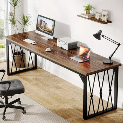 Extra Lang Bureau – Schrijftafel – Werktafel – Vergadertafel – Eettafel – Zwart Metalen Poten – Bruin Blad – Stevig Ontwerp – Geschikt Voor 1-8 Personen
