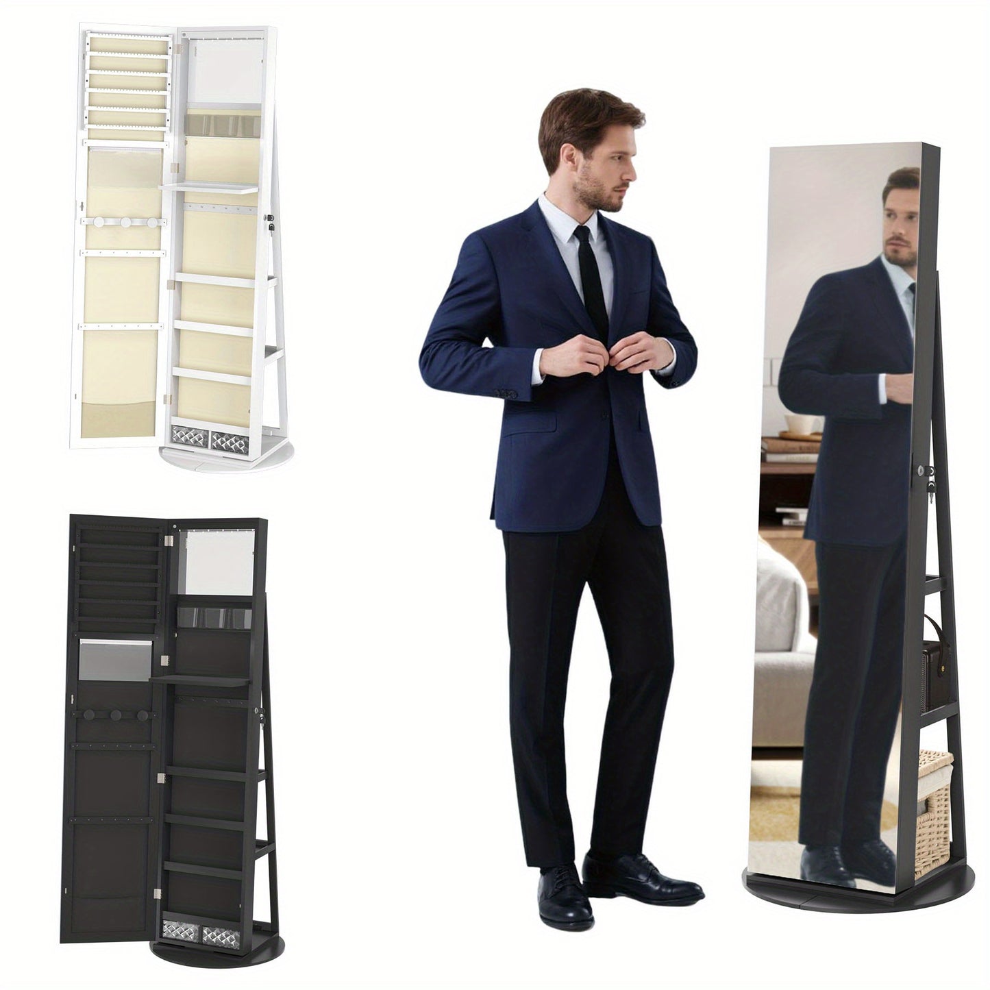 3-in-1 Sieradekast – Sieradenkast – Staande Spiegelkast – Draaibare Spiegel – Opbergrek Sieraden – 360° Draaibaar – Afsluitbaar Met Slot – Wit – 161 x 54,5 x 10 cm