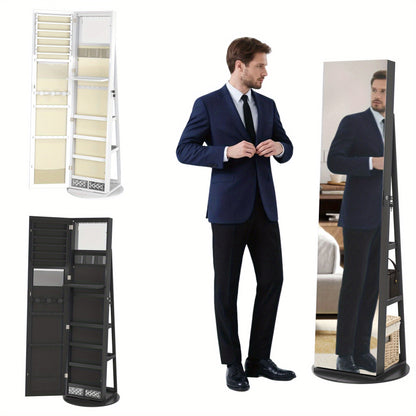 3-in-1 Sieradekast – Sieradenkast – Staande Spiegelkast – Draaibare Spiegel – Opbergrek Sieraden – 360° Draaibaar – Afsluitbaar Met Slot – Wit – 161 x 54,5 x 10 cm