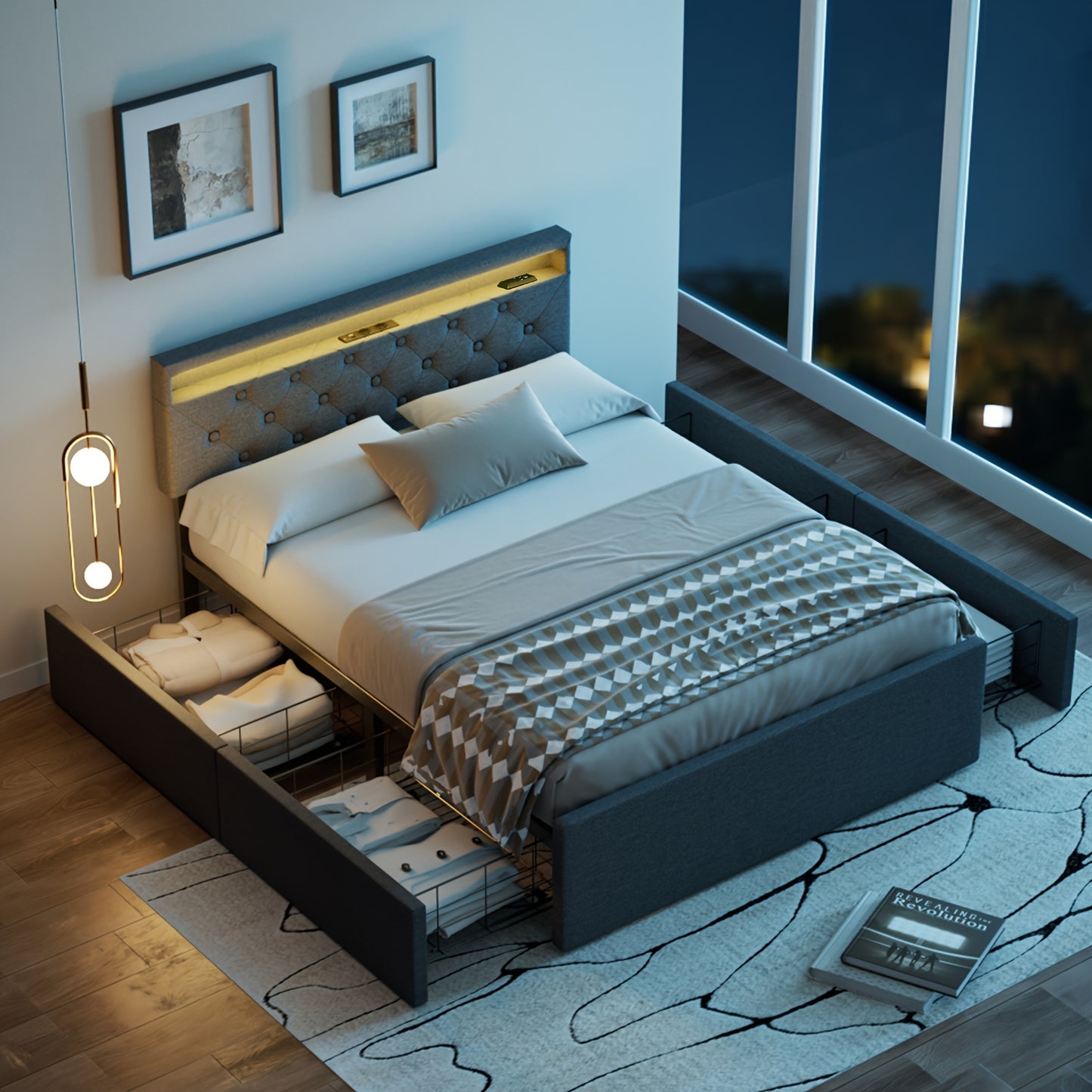 Bedbank – Slaapbank – Slaapstoel – Bankbed – Bedframe – 140x200 cm – Gestoffeerd Grijs Linnen – 4 Lades & USB LED Hoofdbord
