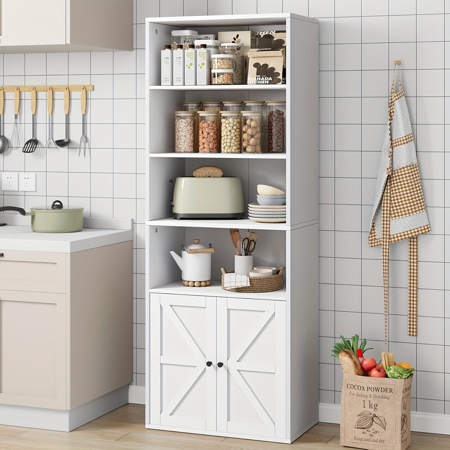 Boekenkast – Boekenrek – Open Kast – Vakkenkast – Opbergrek – Wit Hout – 6 Vakken Met Deuren – Robuust Hardhout – Vrijstaand – Eenvoudige Montage