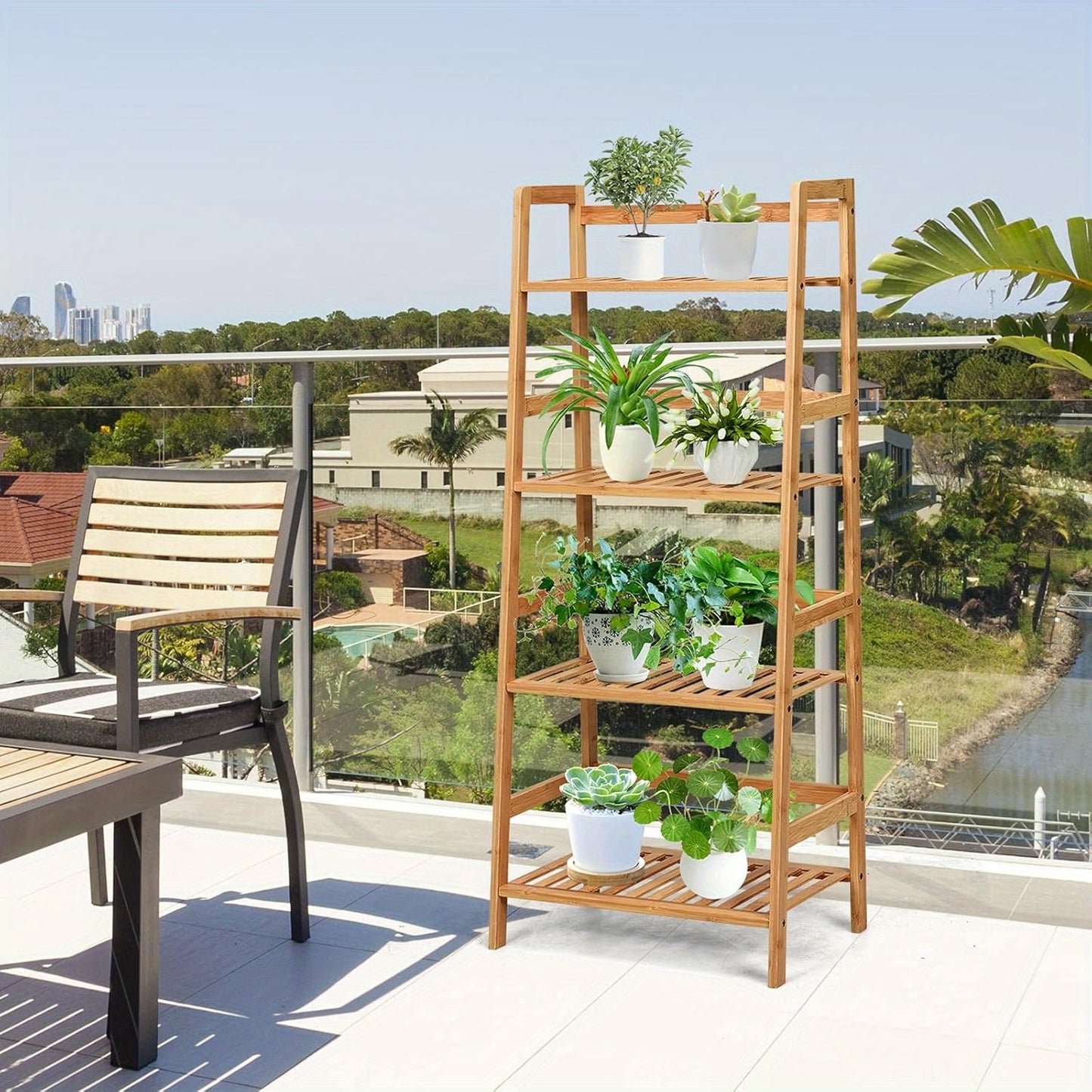 Ladderkast – Boekenkast – Plankenrek – Opbergkast – Traprek – Bamboe Houten Opbergrek – 4 Lagen – 48x32x115 cm