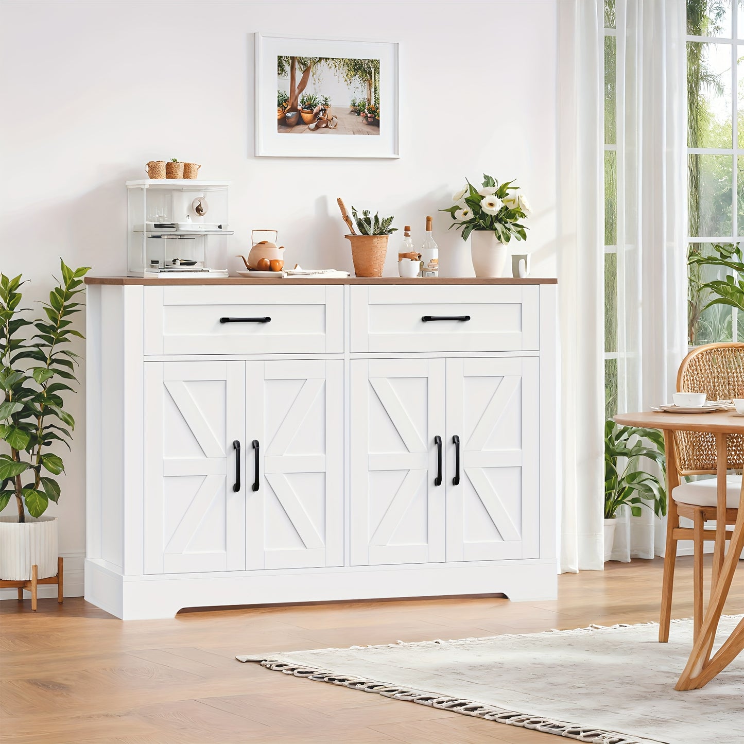 Sideboard – Dressoir – Buffetkast – Opbergkast – Wit/Bruin – 120x40x87 cm – 2 Lades & 4 Deuren – Houtlook Spaanplaat