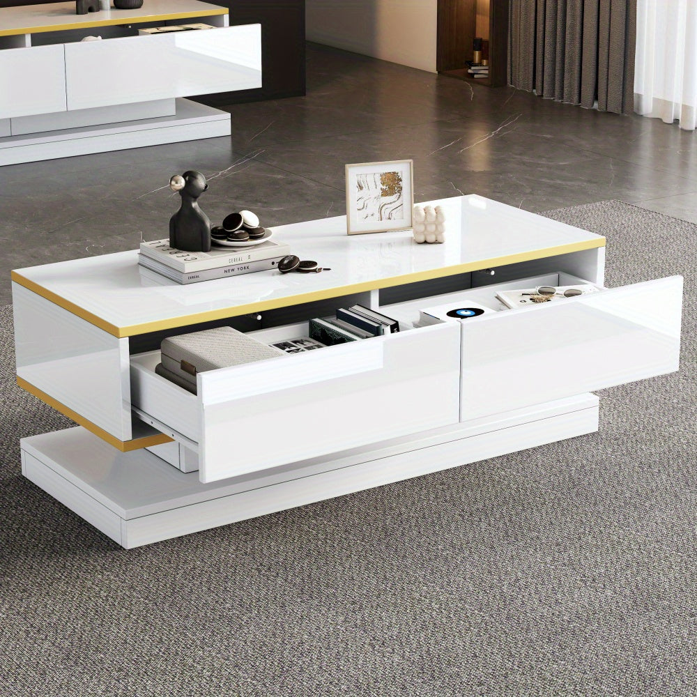 Salontafel – Woonkamertafel – Koffietafel – Bijzettafel – Coffee Table – Warm Wit Met Gouden Accenten – 2 Ruime Lades – 100 Cm Breed Met Stabiel Metalen Frame
